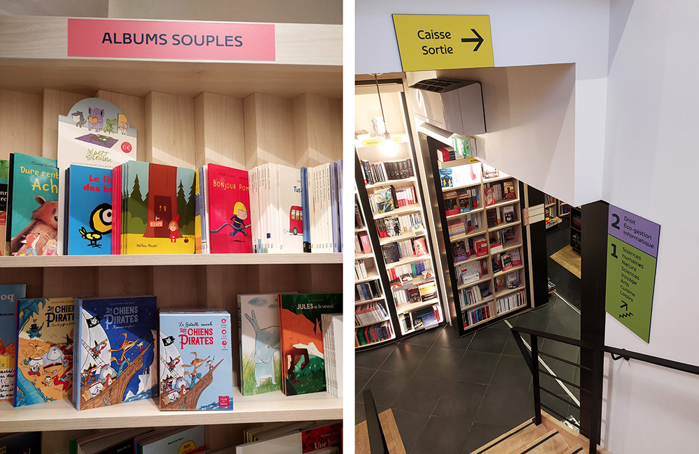 zoom sur les étiquettes des étagères de la librairie Durance
